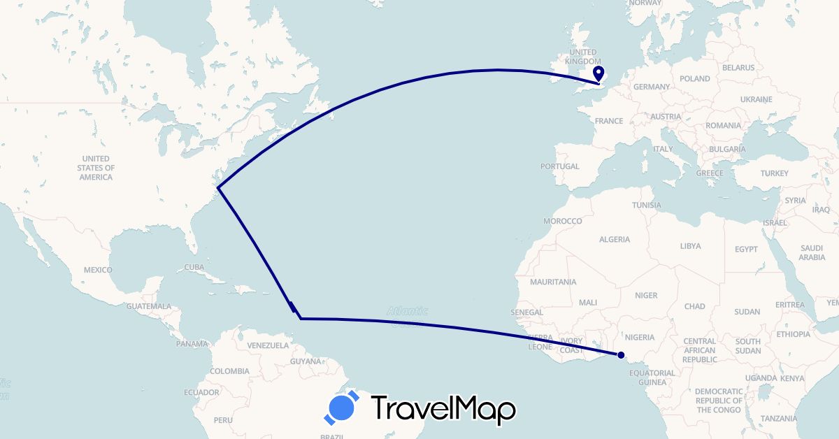 TravelMap itinerary: driving in Barbados, France, United Kingdom, United States (Europe, North America)